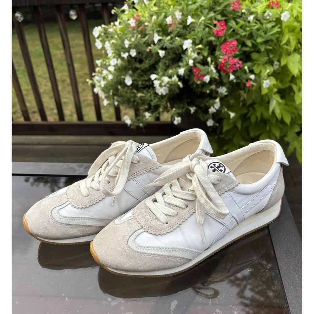 $238 Tory Burch  Hank White /Beige Sneakers Sz 7.5M